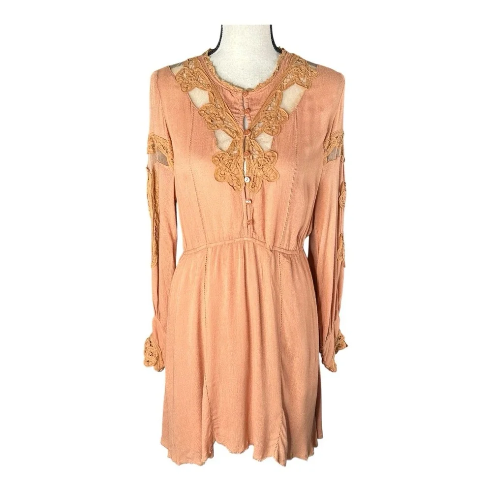 Free People Paige Mini Dress Flowy Crochet Lace Coral Sands Floral Sz Small
